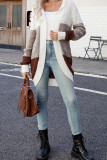 Color Block Pockets Open Knit Cardigan With Hood