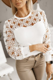 White Hollowed Floral Lace Splicing Long Sleeve Top