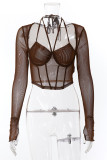 Plain Mesh Open Bust Halter Long Sleeves Crop Top