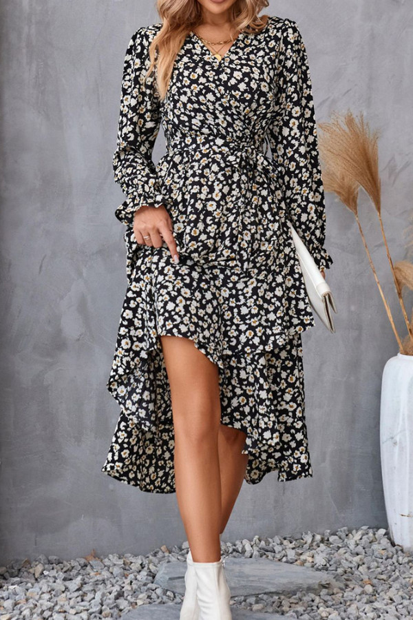Ruffle Hem Tie Waist Flower Dress