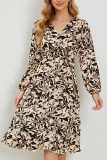 Apricot Printed V Neck High Waist Mini Dress