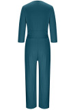 V Neck Tie Knot Smocked One Piece Wide Leg Jumpsuit