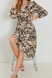 Apricot Printed V Neck High Waist Mini Dress
