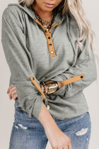 Gray Quarter Buttoned Drawstring Pullover Hoodie