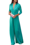 V Neck Tie Knot Smocked One Piece Wide Leg Jumpsuit