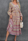Bohemian Floral V Neck Buttoned Maxi Dress