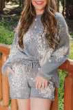 Sky Blue Print Long Sleeve Top and Shorts Plus Size Lounge Outfit