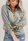 Gray Quarter Buttoned Drawstring Pullover Hoodie