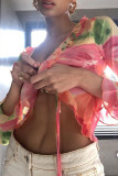 Mesh Pink Floral Ruffles Neck Front Tie Crop Top