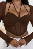 Plain Mesh Open Bust Halter Long Sleeves Crop Top