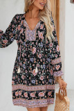 Split V Neck Black Floral Dress