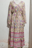 Bohemian Floral V Neck Buttoned Maxi Dress
