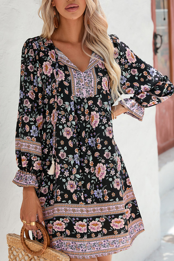 Split V Neck Black Floral Dress