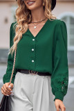 Plain V Neck Button Up Embroidery Lace Patchwork Long Sleeves Blouse