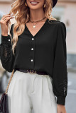 Plain V Neck Button Up Embroidery Lace Patchwork Long Sleeves Blouse