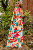 Multicolor Plus Size Abstract Printed Bishop Sleeve Maxi Dress