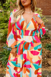 Multicolor Plus Size Abstract Printed Bishop Sleeve Maxi Dress