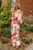 Multicolor Plus Size Abstract Printed Bishop Sleeve Maxi Dress