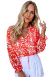 Red Floral Ruffled Notched V-Neck Blouse