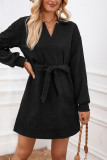 Plain V Neck Jacquard Mini Dress With Sash