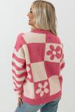Strawberry Pink Checkered Floral Print Striped Sleeve Sweater