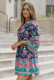 Blue Boho Empire Waist Bracelet Sleeve Floral Dress