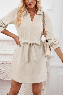 Plain V Neck Jacquard Mini Dress With Sash