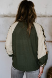 Green Plus Size Floral Raglan Colorblock Patchwork Knit Blouse