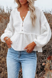 White Retro Stitching Long Sleeve Peplum Blouse