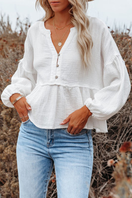 White Retro Stitching Long Sleeve Peplum Blouse
