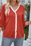 Plain Lace Edge Open Button Knit Blouse