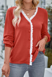 Plain Lace Edge Open Button Knit Blouse