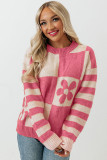 Strawberry Pink Checkered Floral Print Striped Sleeve Sweater