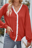 Plain Lace Edge Open Button Knit Blouse