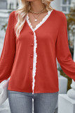 Plain Lace Edge Open Button Knit Blouse