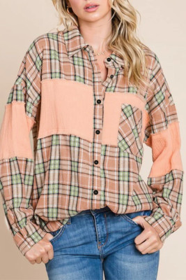 Orange Crinkled Patchwork Plaid Print Oversized Shirt