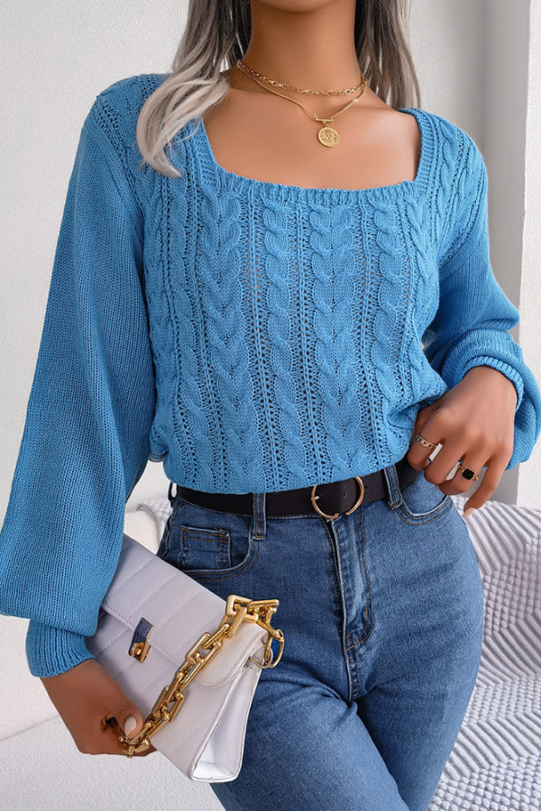 Plain Square Neck Cable Knit Sweater