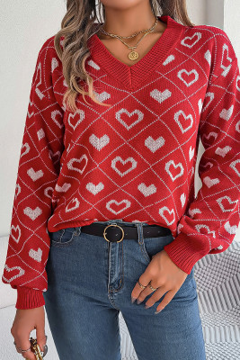 V Neck Heart Knit Pullover Sweater