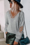 Gray Hollowed Lace Splicing V Neck Loose Sweater