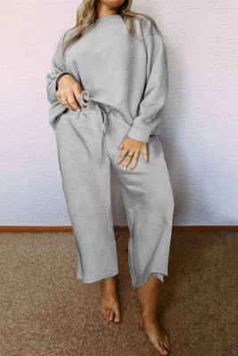 Light Grey Plus Size 2pcs Solid Color Textured Slouchy Loungewear Set