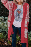Red Contrast Trim Belted Chunky Cardigan