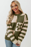 Green Checkered Floral Print Striped Sleeve Sweater