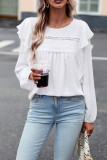 White Lace Eyelet Ruffle Shoulder Long Sleeve Blouse