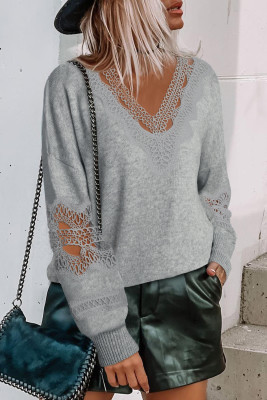 Gray Hollowed Lace Splicing V Neck Loose Sweater