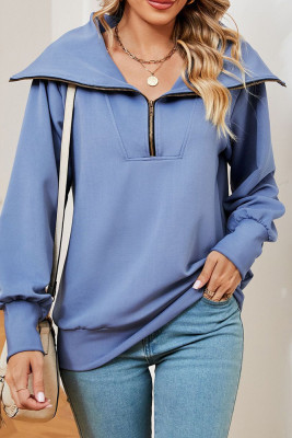 Plain Zipper Down Wide Collar Pullover Sweatshirt