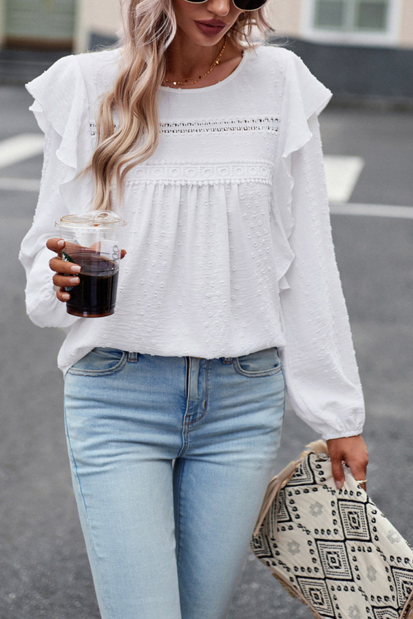 White Lace Eyelet Ruffle Shoulder Long Sleeve Blouse
