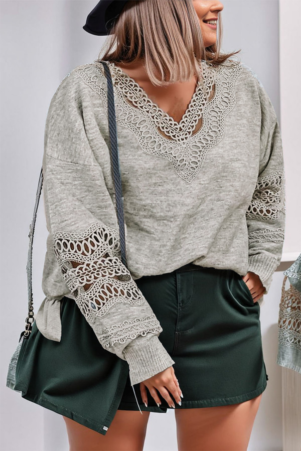 Gray Plus Size Hollowed Lace Splicing V Neck Sweater