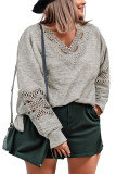 Gray Plus Size Hollowed Lace Splicing V Neck Sweater