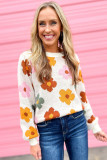 Bright White Plus Size Flower Pattern Ribbed Trim Casual Sweater