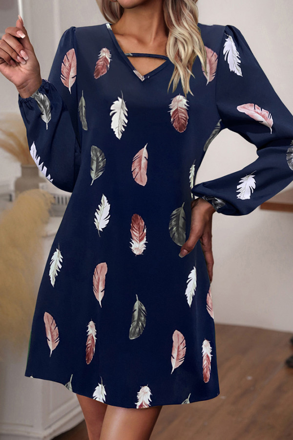 V Neck Feather Print Mini Dress